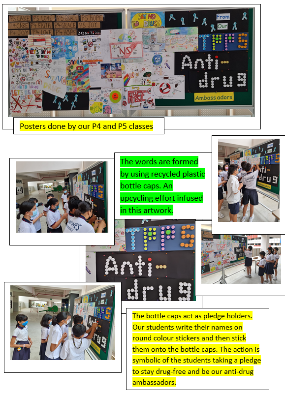 Students display anti-drug posters and bottle cap artwork as part of a school pledge campaign.